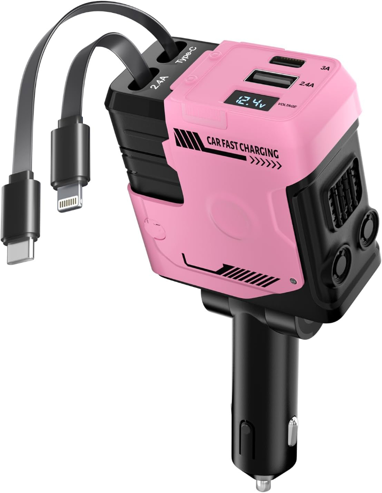 Retractable Car Charger with Retractable Cable (31.5 inch), 4 in 1 Super Fast Car Phone Charger, 2 USB Ports Adapter