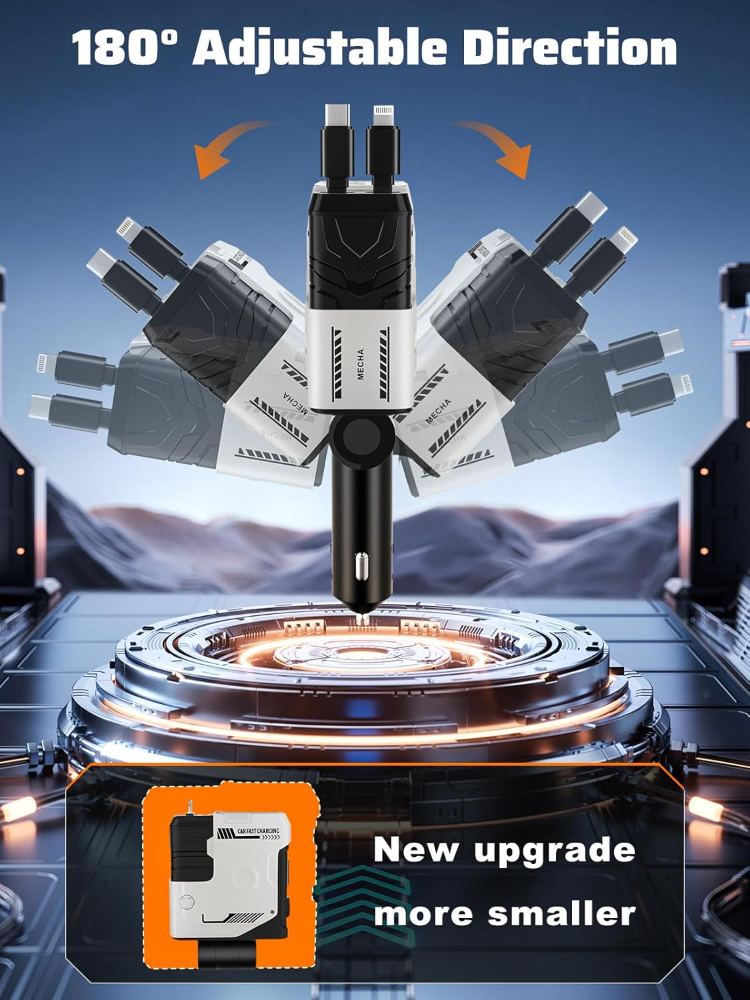 Retractable Car Charger with Retractable Cable (31.5 inch), 4 in 1 Super Fast Car Phone Charger, 2 USB Ports Adapter