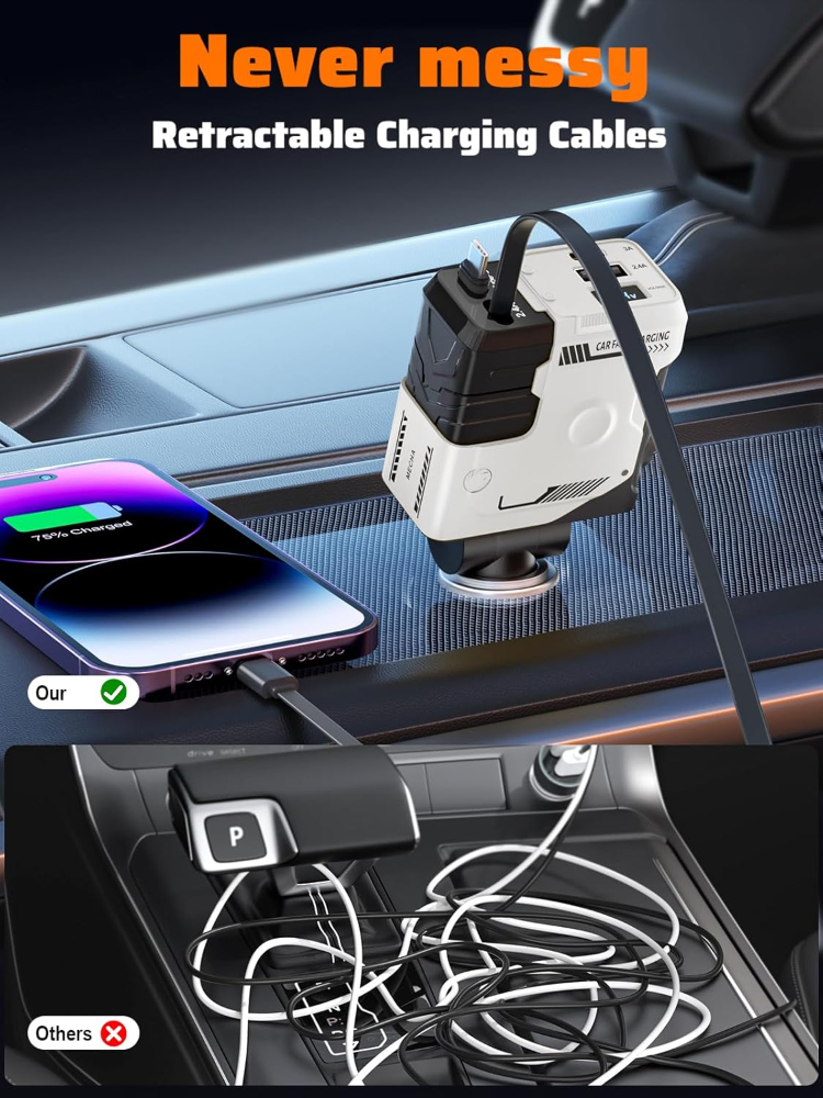 Retractable Car Charger with Retractable Cable (31.5 inch), 4 in 1 Super Fast Car Phone Charger, 2 USB Ports Adapter