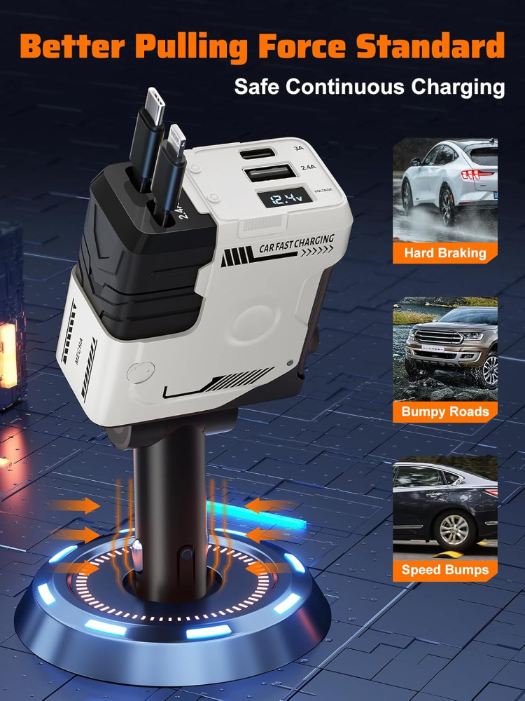 Retractable Car Charger with Retractable Cable (31.5 inch), 4 in 1 Super Fast Car Phone Charger, 2 USB Ports Adapter