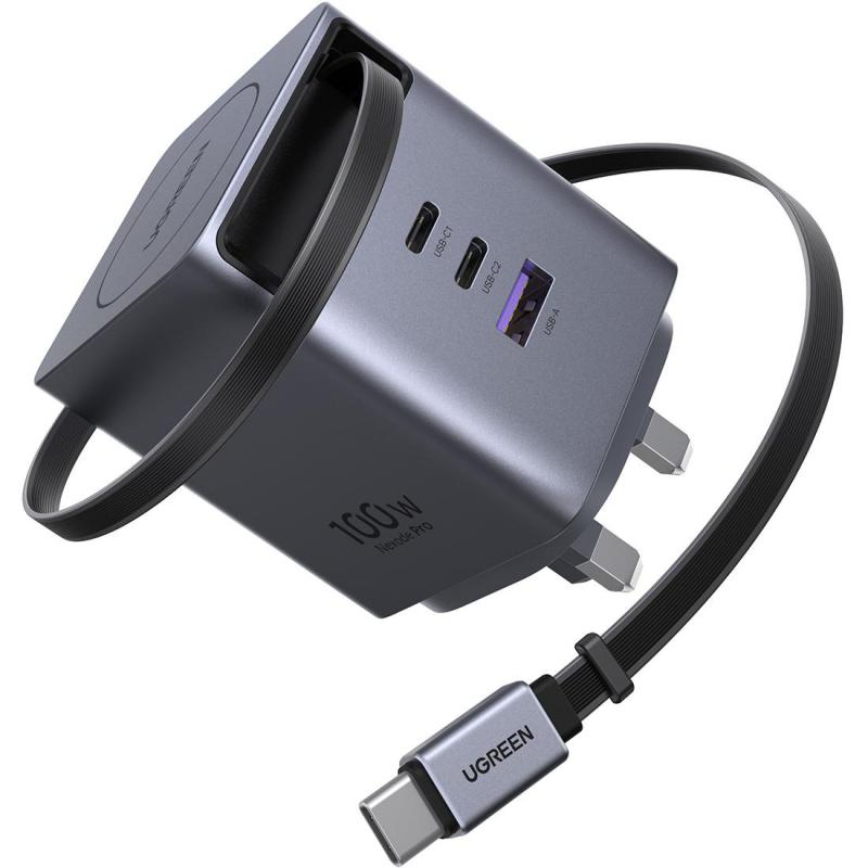 UGREEN Nexode 100W GaN USB C Retractable Charger with Built-in Cable, 3-Port Fast Charging Wall Adapter for Laptop, MacBook Pro/Air/Neo, iPhone 17/16, Galaxy S26, Pixel, iPad,