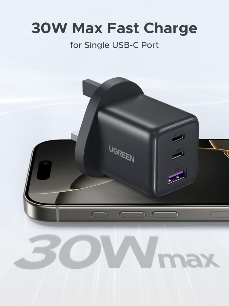 UGREEN GaN Fast Charger 30W Dual USB-C+USB-A Port Power Adapter | Charges iPhone,Samsung,iPad,AirPods and USB-C Laptops,for Home,Office and Travel