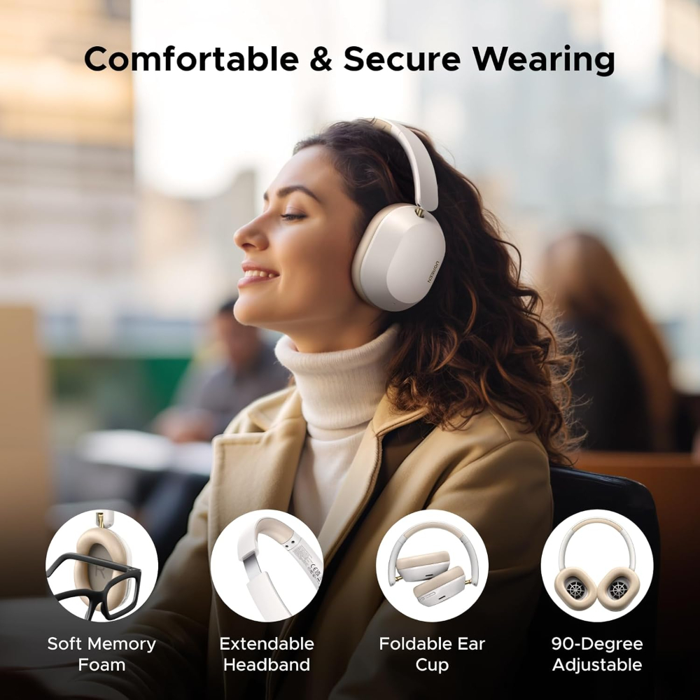 UGREEN Max5c Hybrid Active Noise Cancelling Bluetooth Headphones (White) Foldable Over Ear Wireless Headphones Support Hi-Res LDAC & Spatial Audio, Deep Bass, Custom EQ via App, 75H Playtime