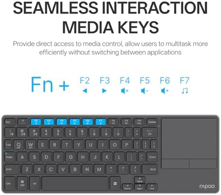 RAPOO K2800 Wireless Keyboard with Touchpad & Entertainment Media Keys - 2.4GHz, Range Up to 10m, Connect PC to TV, Compact Design