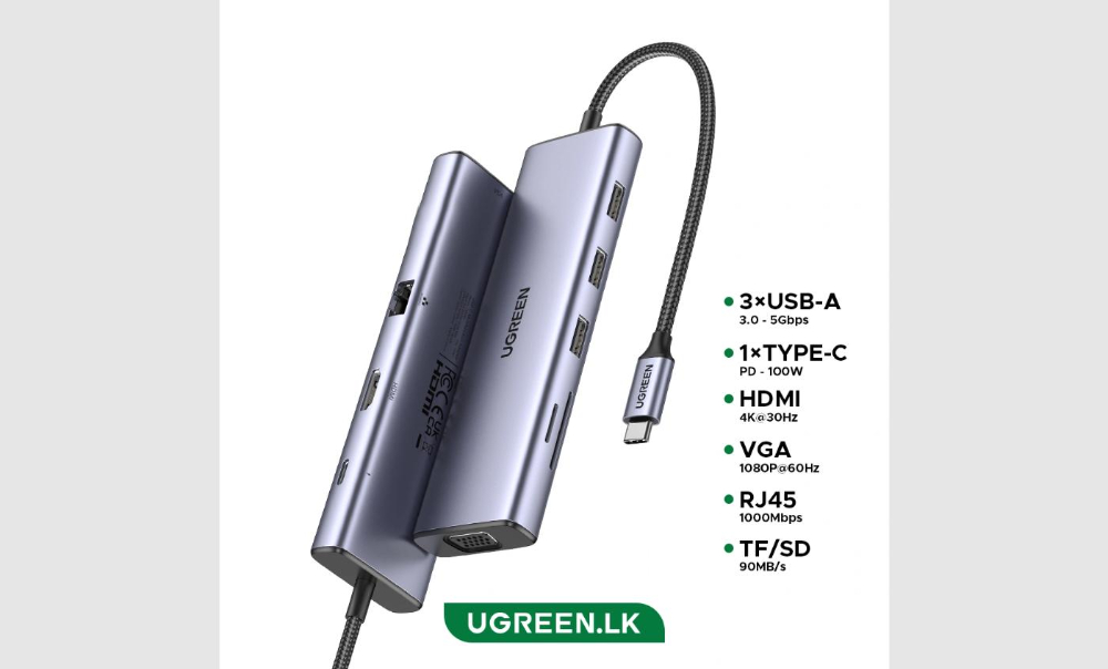 Ugreen 9-in-1 USB-C Multifunction Adapter, USB-C to USB3.0 (2 Port) + USB-C (2 port) + 4K HDMI + RJ45 Ethernet + SD & TF + PD port Converter