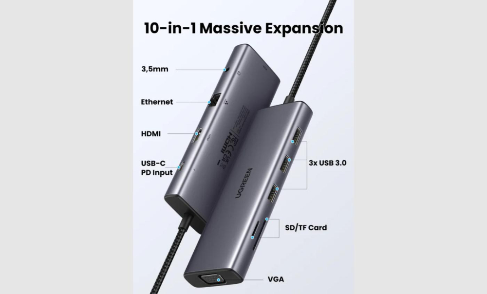 UGREEN CM498 10-In-1 USB-C Docking Station HDMI/VGA/RJ45/SD/TF/PD