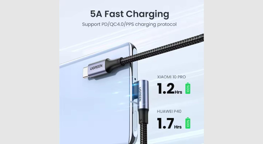 UGREEN USB-C to USB-C PD Fast Charging 90 Degree Cable 5A Max Black 1m