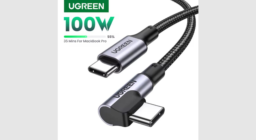 UGREEN USB-C to USB-C PD Fast Charging 90 Degree Cable 5A Max Black 1m