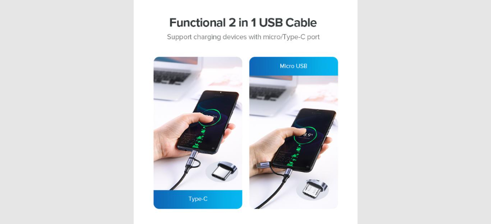 UGREEN USB-A to Micro USB + USB Type-C Cable 1m (Black)