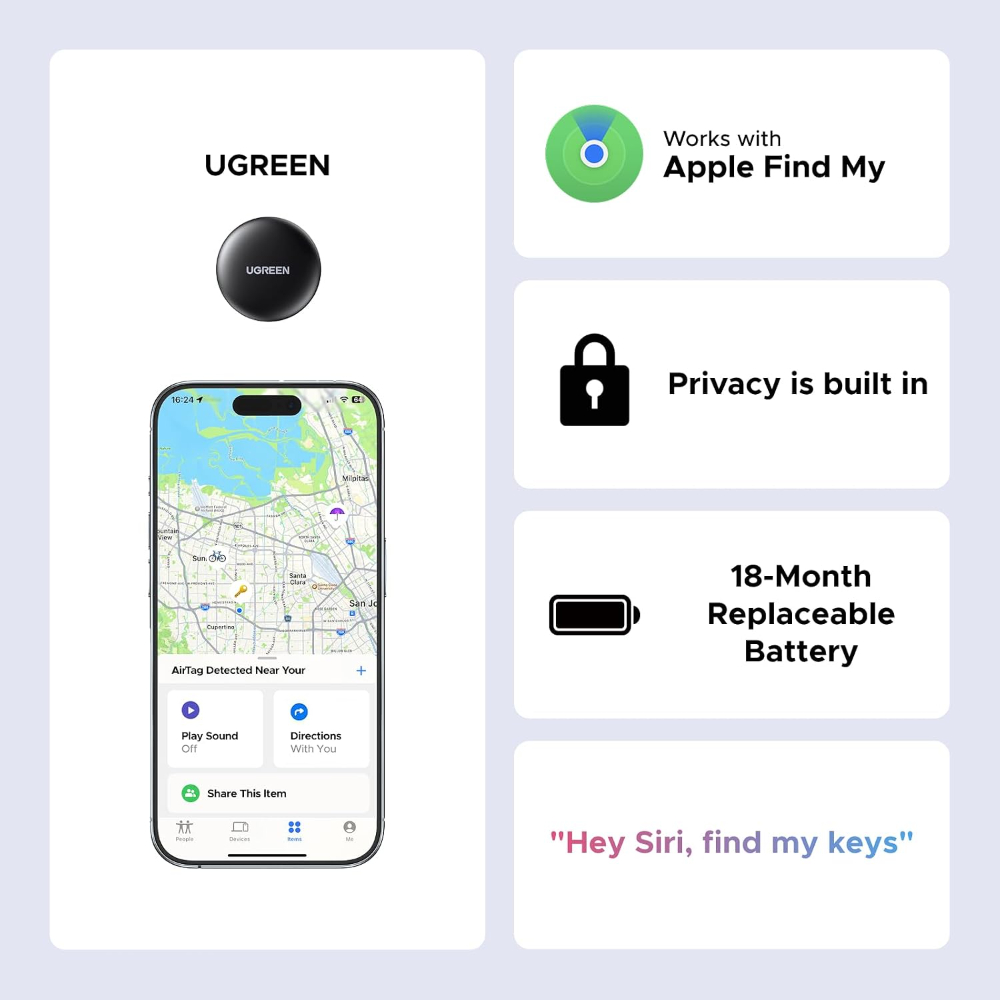 UGREEN FineTrack Mini Tracker Tag for Apple Find My, Replaceable Battery iOS only, Tracker Tag, 18-Month Replaceable Battery, 80dB Volume, Bluetooth Finder for Keys, Wallet, Luggage, Tag Holder