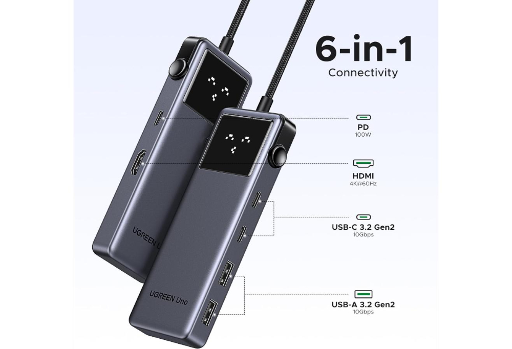 UGREEN 6 -In -1 UNO Docking Station- USB-C To | USB 3.2, PD, 100W, 2*USB