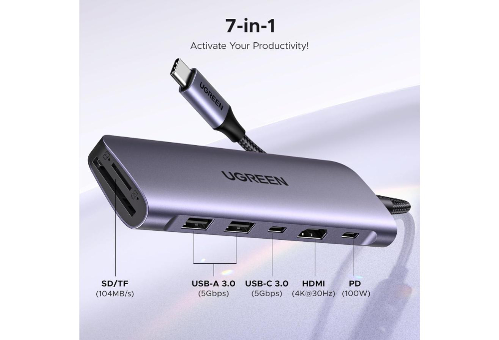 UGREEN 7 in 1  Multifunction Adapter | USB-C, USB 3.0, 4K, PD