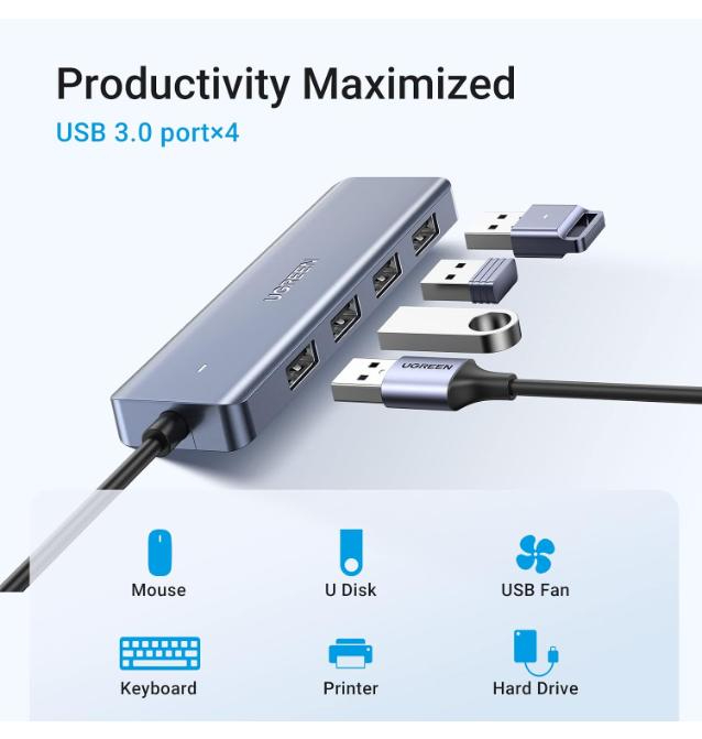 UGREEN 4-Port USB 3.0 HUB with USB C Power Supply