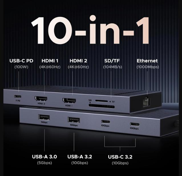 Ugreen 10-in-1 USB-C Multifunction Adapter, USB-C to USB3.0 (1 port) + USB2.0 (2 port) +USB-C 3.0 (1 port) + 4K HDMI (2 Port) + RJ45 Gigabit + SD & TF +PD port Converter