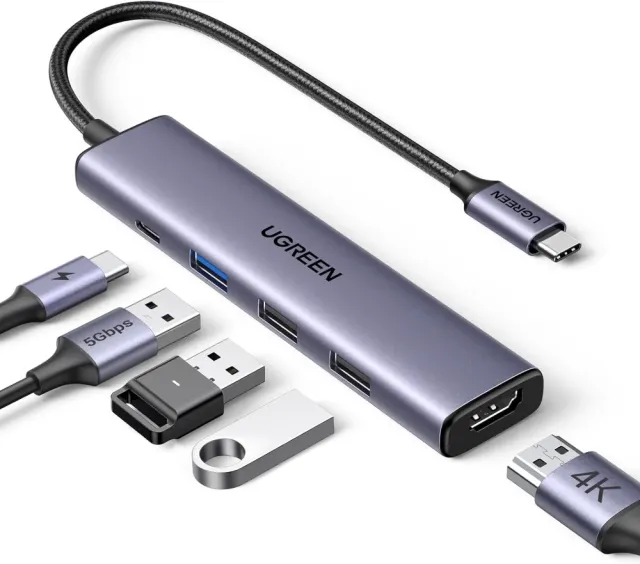 UGREEN USB C Hub, 5-in-1 USB Hub for Laptops, 4K HDMI to USB-C Adapter, 100W PD, 3 USB-A Data Ports