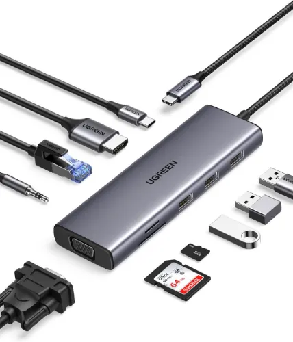 UGREEN USB C Hub 9 in 1 USB Type C Multiport Adapter Dock with 4K HDMI, VGA, Gigabit Ethernet,PD Charging,3 USB 3.0 Ports, SD Card Reader