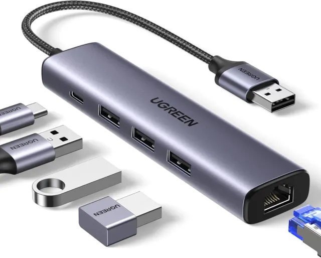 UGREEN USB to Ethernet Adapter, 5 in 1 USB Hub with Ethernet, Plug and Play, Multiport Network Adapter with 3 USB 3.0 Port, Gigabit RJ45, USB-C Power Port